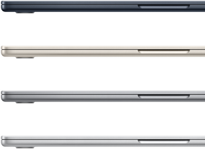 Bốn chiếc máy tính xách tay MacBook Air thể hiện các màu có sẵn: Đêm Xanh Thẳm, Ánh Sao, Xám Không Gian và Bạc