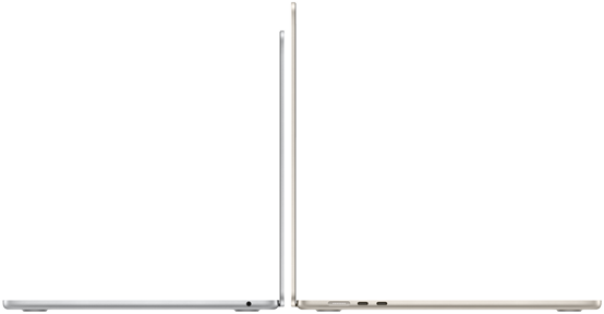 Phiên bản MacBook Air 13 inch và 15 inch đang mở tựa lưng vào nhau