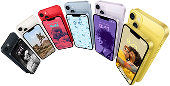 Mặt trước và mặt sau của iPhone 14 với sáu màu – Đêm Xanh Thẳm, Ánh Sao, PRODUCT(RED), Xanh Dương, Tím và Vàng.