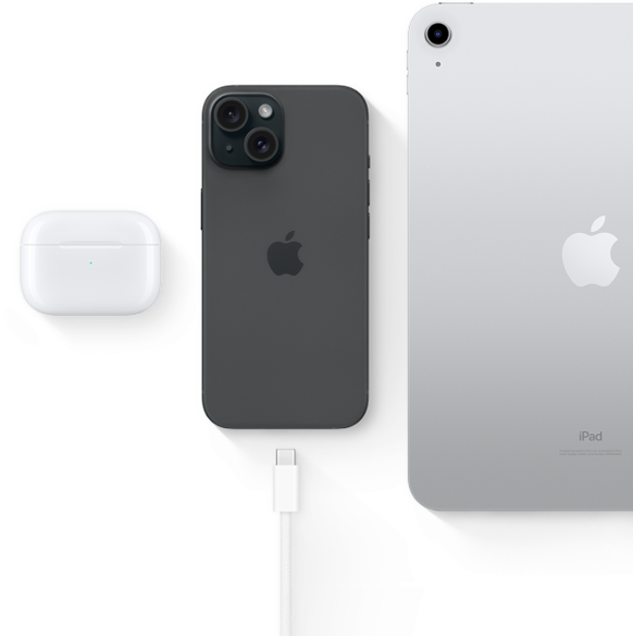 iPhone 15 với đầu nối USB-C, cho thấy đầu nối này có thể dùng được cho AirPods Pro và iPad