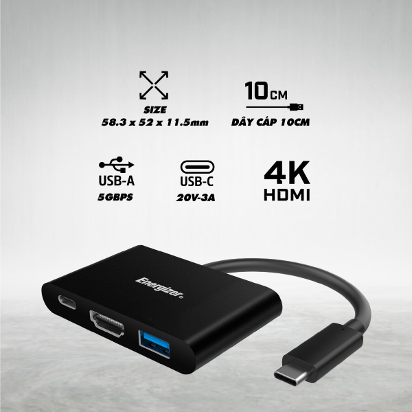 Bộ chuyển USB-C3.1 Hub Energizer USBA/USB-C/HDMI - HC303CV