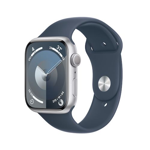 Apple Watch Series 9 GPS 45mm Silver Aluminium Case with Storm Blue Sport Band - M/L